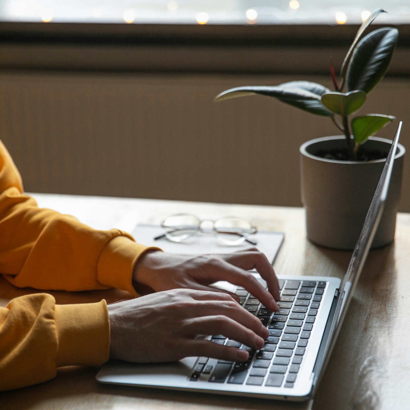 観葉植物の置かれた机で、ノートパソコンのキーボードを打っている手元